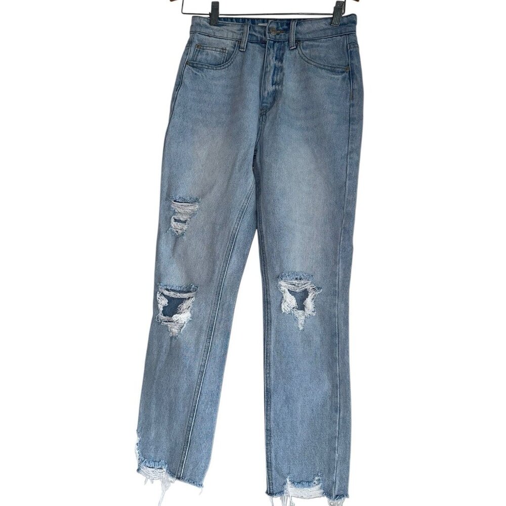 TNR Womens Jeans Sz 25 Distressed Chewed Hem Straight Ankle Jeans Light Wash